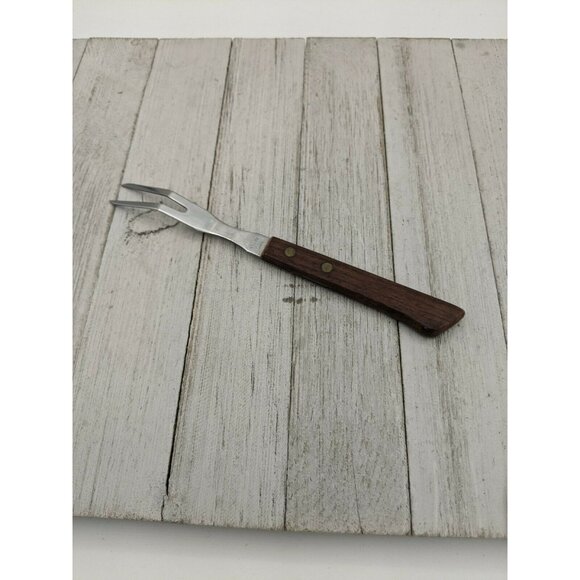 2 Prong Tine Meat Serving Fork Wood 7 1/2" Stainless Steel Bank Advertising - Picture 4 of 6